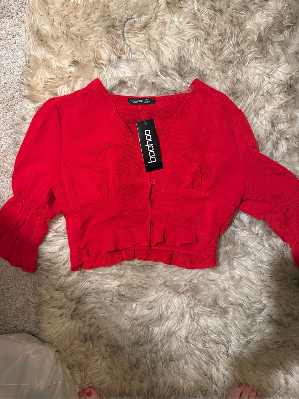 boohoo Red Ruffle-Hem Cropped Button Cardigan